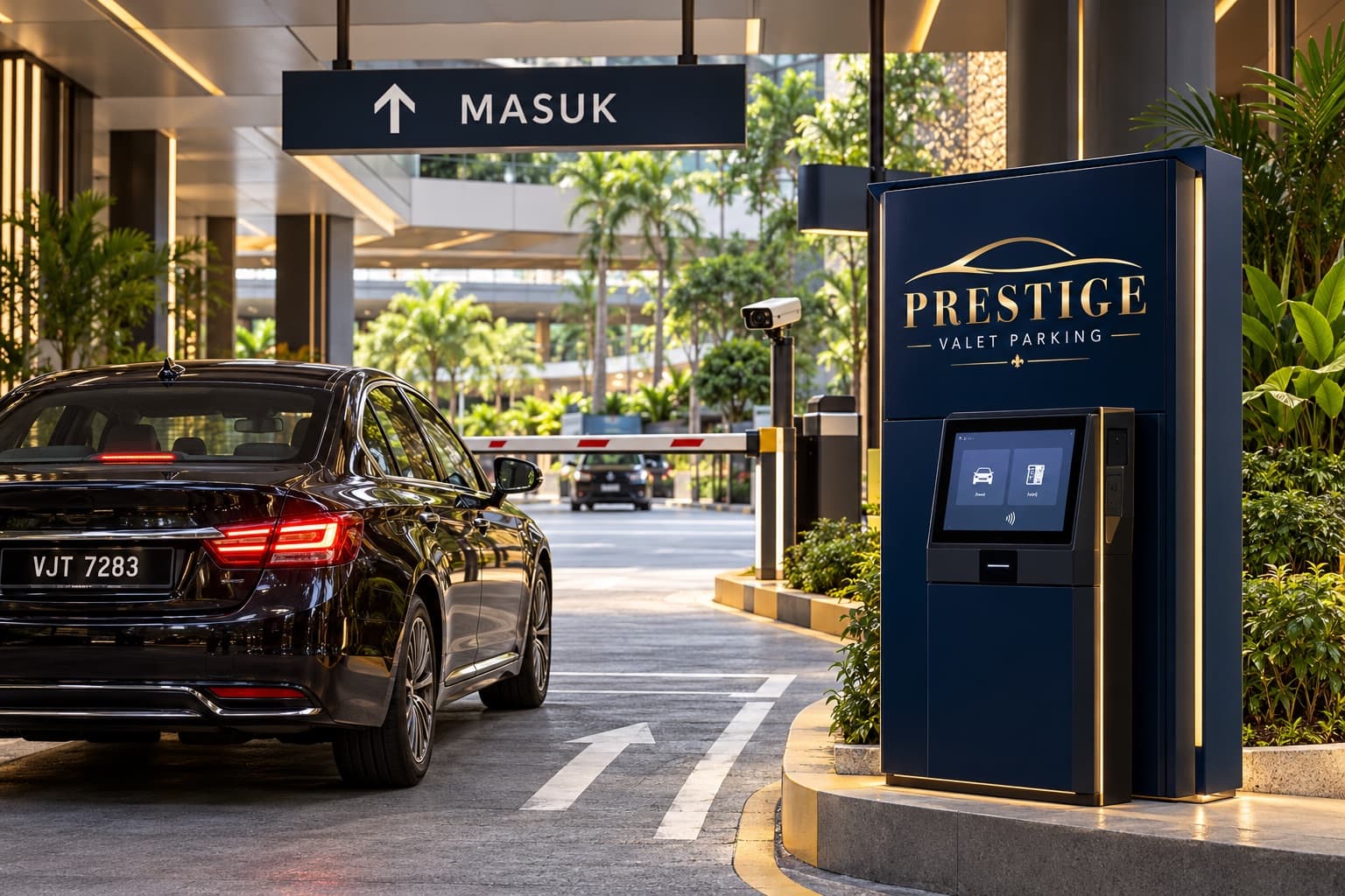 Prestige parking kiosk beside an entrance lane with a barrier and plate-recognition camera
