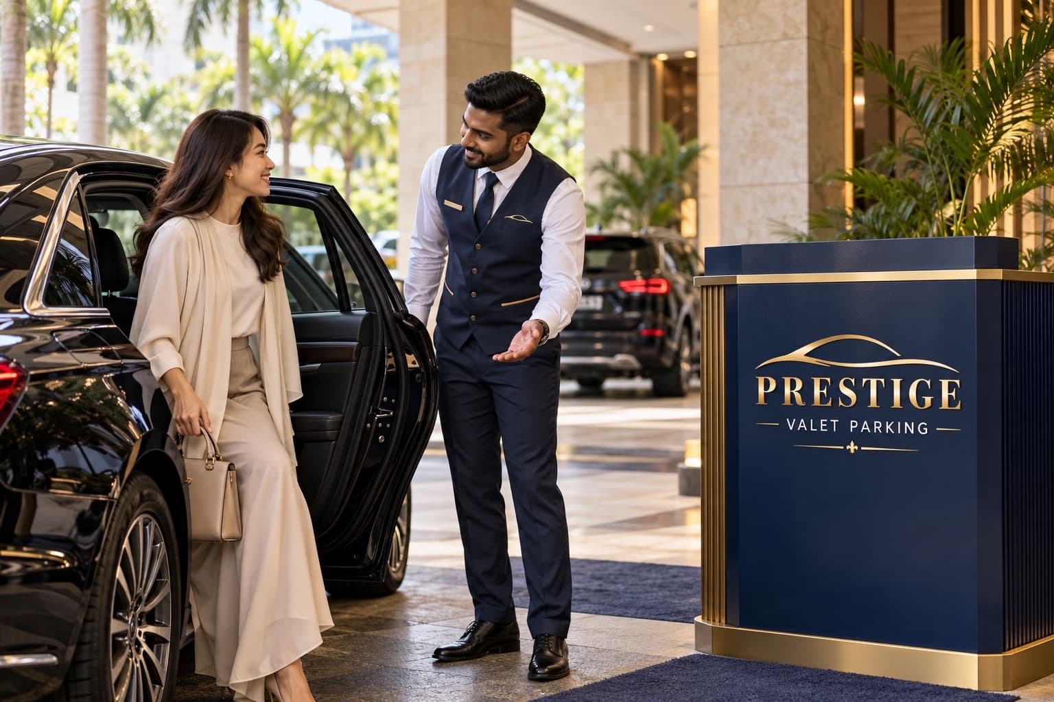 A uniformed Prestige valet welcomes a guest beside the valet podium