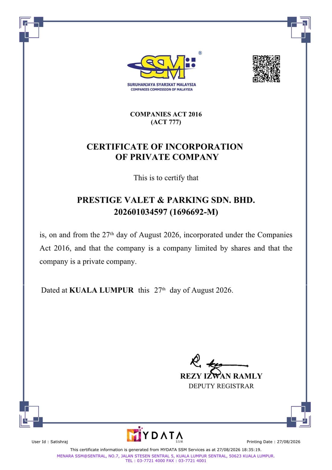 Certificate of Incorporation, Prestige Valet & Parking Sdn. Bhd.